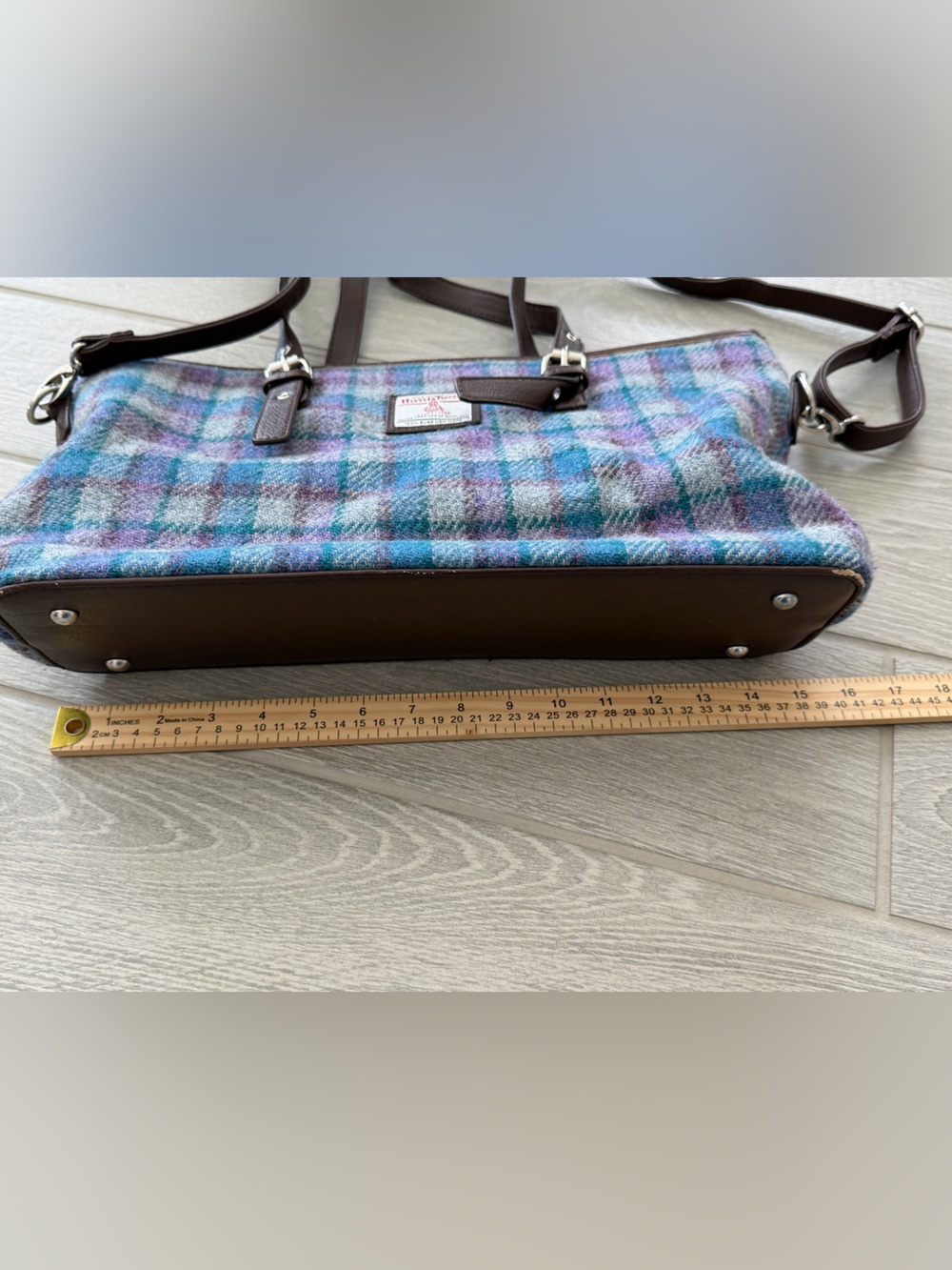 The Glen Appin Harris Tweed Classic Spey Tote Purple Teal Wool Bag GUC - Picture 6 of 14